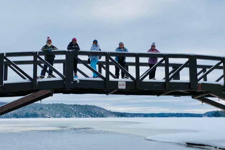 a train crossing a bridge over a body of water