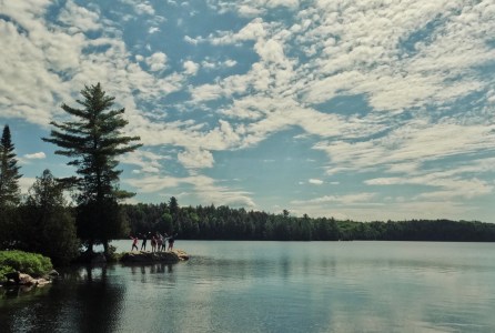 a body of water surrounded by trees