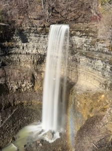 a waterfall with trees in the background