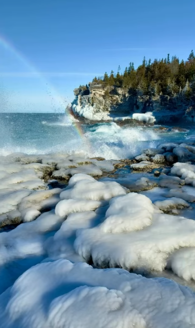 Icy shoreline with waves, cliffs, and trees under a clear blue sky.