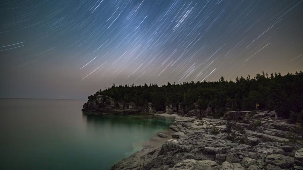 Star trails over a rocky coastline with calm water and trees at night.