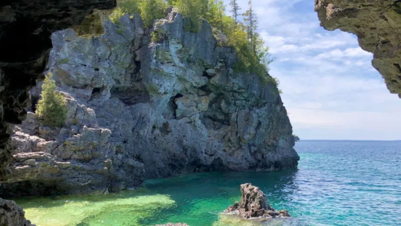 View from inside a rocky cave at Bruce Peninsula