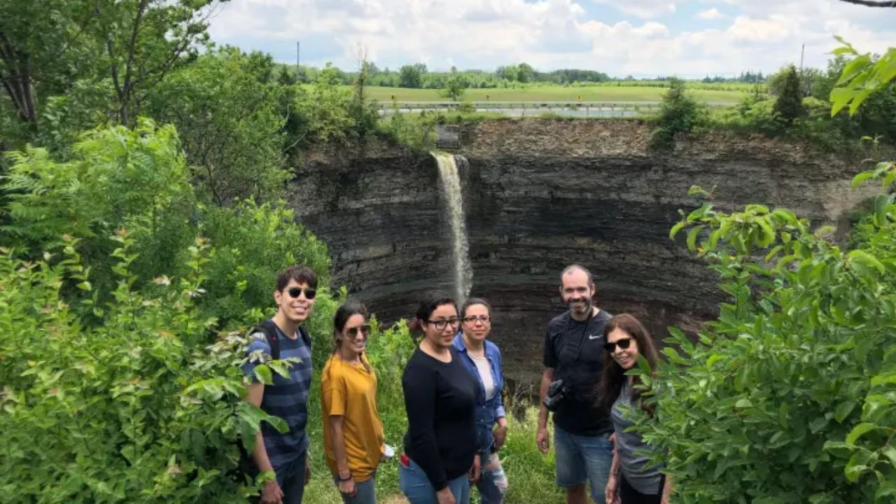 A scenic lookout of Devil’s Punchbowl Falls flowing into a deep rocky gorge surrounded by greenery.