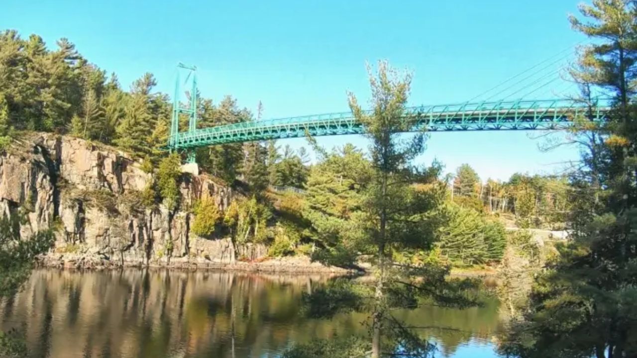 A view of the suspension bridge while reaching French River Conservation Area