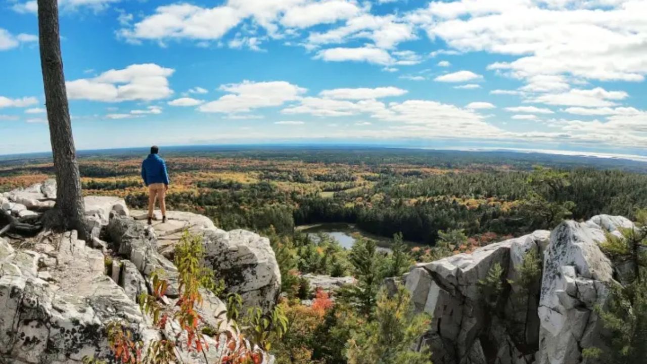 A man standing on a rocky cliff edge overlooking a vast forested valley