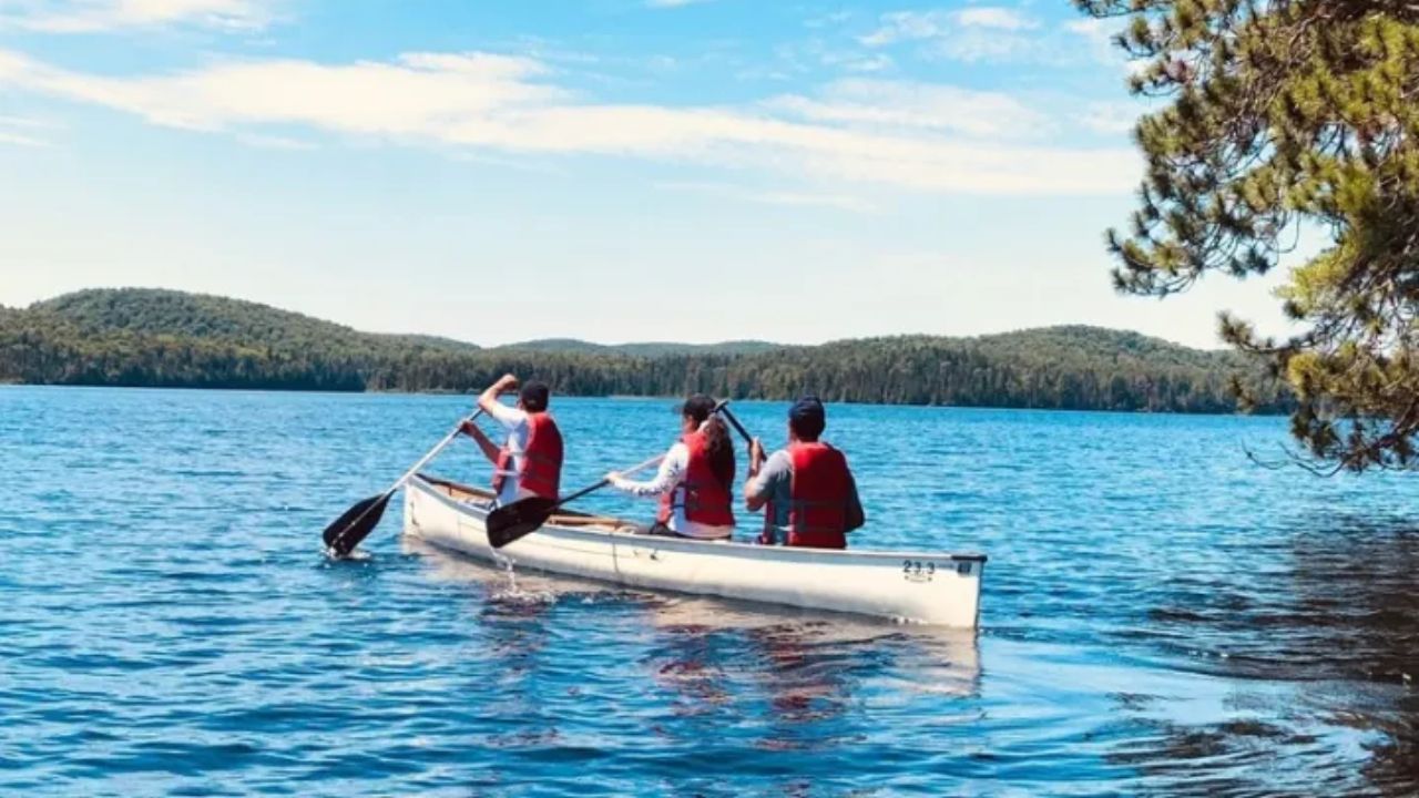 Person canoeing on a lake at Algonquin Park.