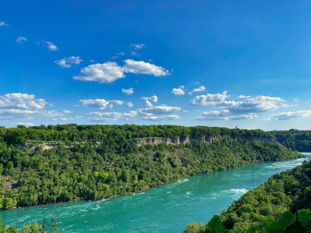 Panoramic overlook of the Niagara Gorge featuring vibrant blue skies, lush greenery, and the flowing Niagara River below