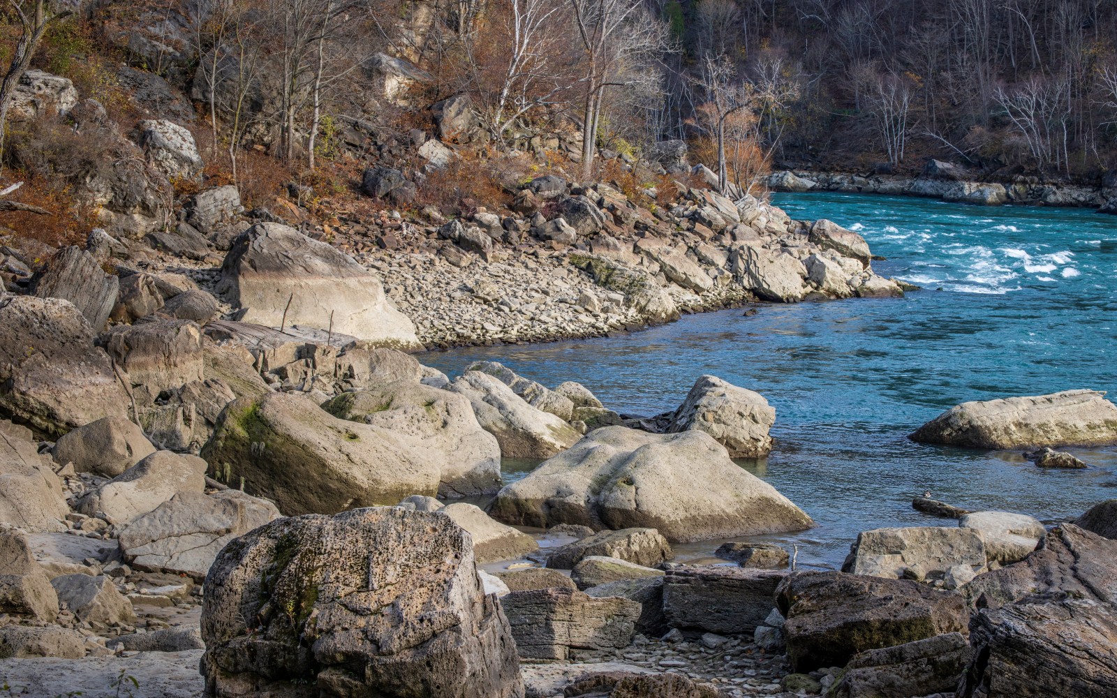 Rocky shoreline along the Niagara River showcasing natural boulders, calm turquoise water, and the rugged beauty of the Niagara Gorge wilderness