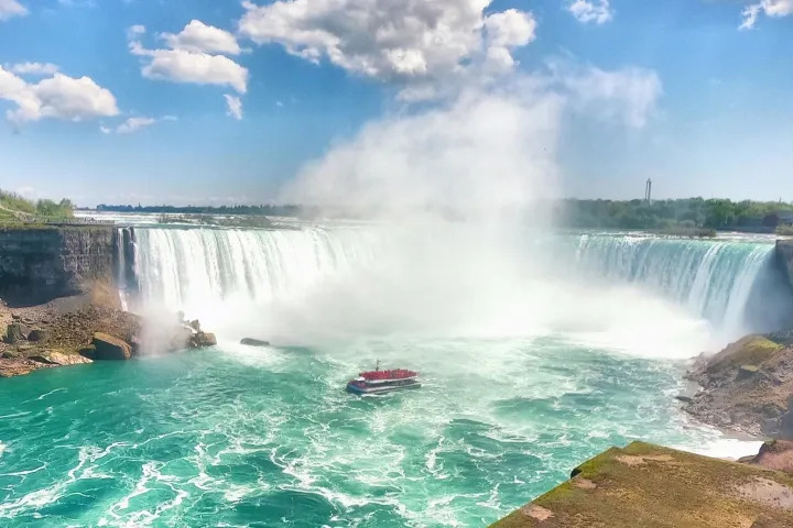 Wide scenic view of Niagara Falls with turquoise water