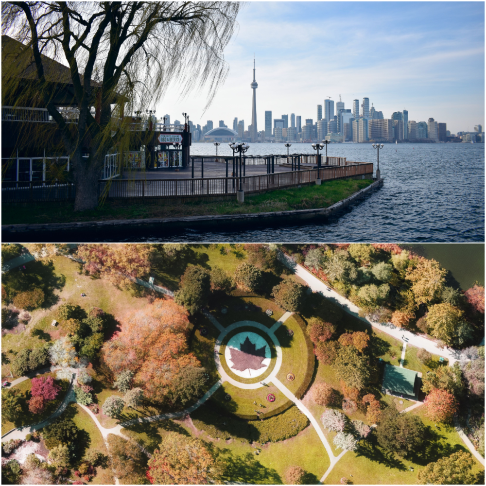Aerial view of Toronto Islands park with a maple leaf garden and the Toronto skyline across the waterfront.