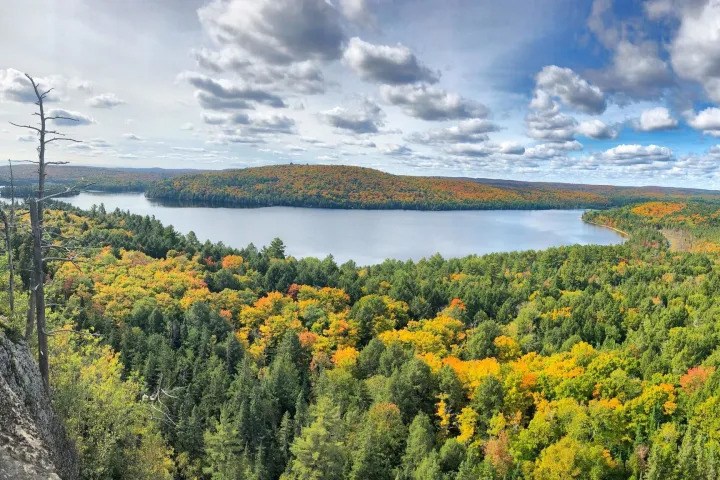 Overlook view of autumn forest canopy with vibrant fall leaves surrounding a blue lake at Algonquin Park
